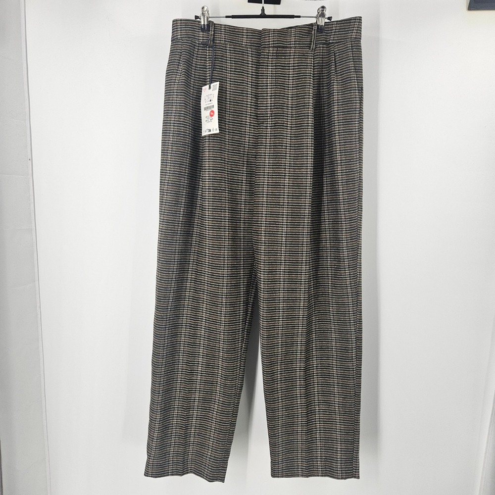 Zara Plaid Houndstooth Trousers Pants Brown Pleated Straight Leg Career NWT Sz L